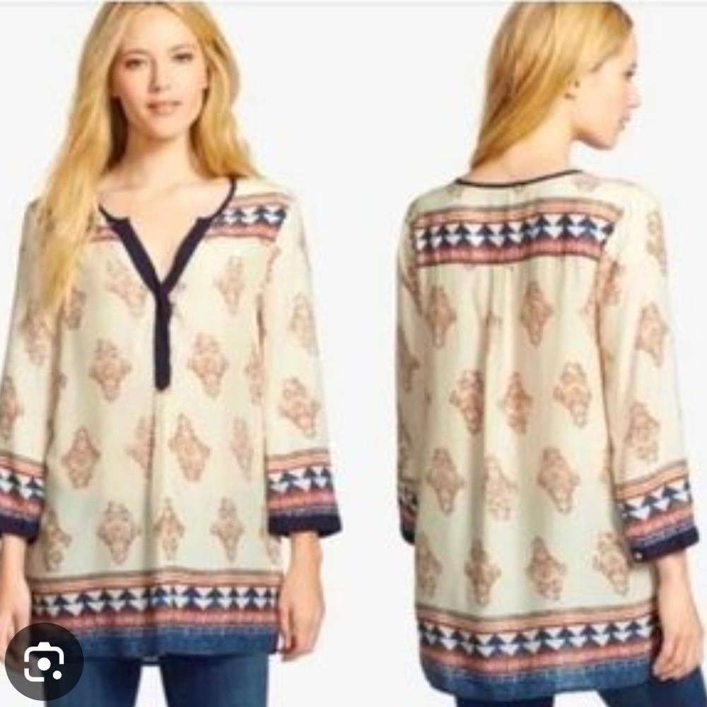 Lucky Brand Tinsley Tribal Boho Tunic Top Blouse Cream Multi Color 3/4 Sleeve M